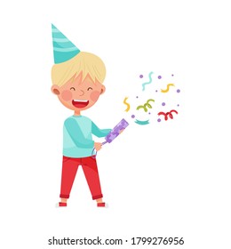 Boy Character in Birthday Hat Throwing Confetti Vector Illustration