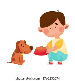 Carácter de niño con tazón de comida para perros alimentando su vector de animales doméstico Ilustración