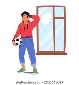 Boy Character Broke Window With Ball, Causing Shattered Glass And A Scattered Mess. Careless Accident Requiring Immediate Attention And Repair Isolated White Background. Cartoon Vector Illustration