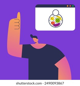 Boy Character buying fresh organic fruit, vegetables in online grocery shop. Local production support concept. Flat Vector illustration.