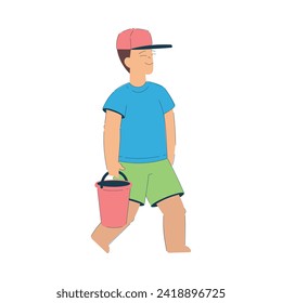 Boy Character in Cap Walking with Bucket Enjoying Summer Vacation and Seaside Rest Vector Illustration