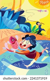 Diseño de la ilustración de peces para captar personajes de niños.Diseño de carácter moderno, Plantilla de personaje de peces capturadores de niños, Diseño colorido para diseño web, Páginas de aterrizaje, carteles, afiches e impresiones.