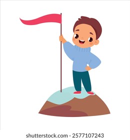 Boy Character Climb Mountain Do Sport Vector Illustration