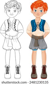Boy character in color and outline versions