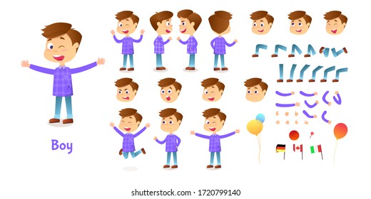 Constructor de caracteres de chico. Kit de mascota para la creación de niños de caricaturas. Juego de creación de caracteres para poses y emociones para animación e ilustraciones
