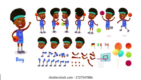 Boy character constructor. Cartoon boy creation mascot kit. Character creation set poses and emotions for animation and illustrations. Cute little cartoon girl.