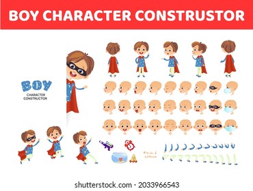 Boy character constructor. Cartoon boy creation mascot kit. Character creation set poses and emotions for animation and illustrations
