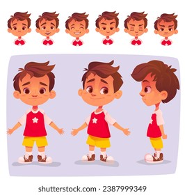 Boy character constructor set. Child character image with different facial emotions and body poses. Design elements for animation. Cartoon flat vector collection isolated on white background