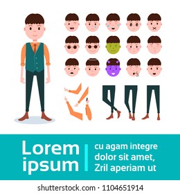 boy character constructor set of various male emotion faces, hands, legs body parts template for design work and animation full length flat person design