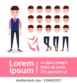 boy character constructor set of various male emotion faces, hands, legs body parts template for design work and animation full length flat person design