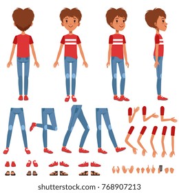 Boy character creation set, cute boy constructor with different poses, gestures, shoes vector Illustrations