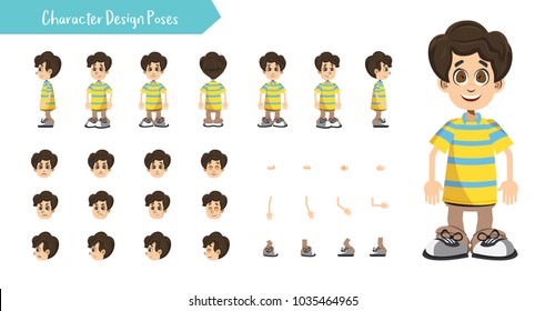 Boy character creation set. Icons with different types of faces head kid clothing style, emotions, front, rear, side view of male person. Moving arms, legs. 