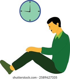 Boy character in depression wasting our time clock man character sitting position art illustration