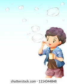 Boy character design cartoon blowing soap balloons border frame vector