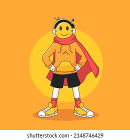 Boy Character Design Wearing A Mask With A Smile On His Face And Also Wearing A Red Cape, And Posing Like A Superhero