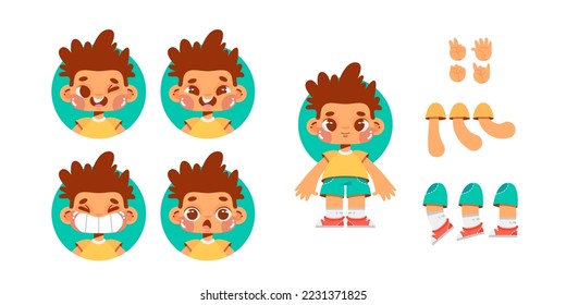 boy, character designer, creation of a child from body parts, generator, template, emotions of a small cartoon child, joy, surprise, laughter, avatars of children, funny person