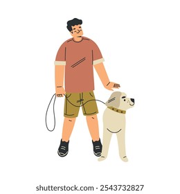 Carácter del muchacho con la mascota del perro en la correa como Ilustración vectorial animal doméstica