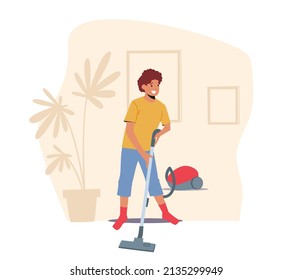 Boy Character Doing Domestic Work, Cleaning Floor, Baby Clean Carpet. Child Helper Vacuuming Home with Vacuum Cleaner in Living Room. Every Day Routine, Weekend Chores. Cartoon Vector Illustration