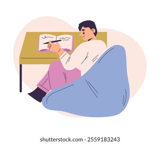 Boy Character Doing Homework Sitting Have Schedule and Daily Routine Activity Vector Illustration