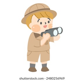 Boy character dressed in explorer clothes holding binoculars.