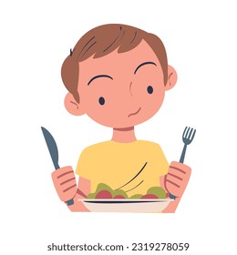 Boy Character Eating Food at Home Sitting at Table with Knife and Fork Vector Illustration