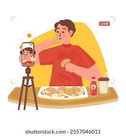 Boy character eating fried chicken, Food vlogger live broadcast, Food content creator, Vector illustration