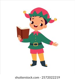 Boy Character in Elf Costume Sing Carols Celebrate Christmas Holiday at Winter Vector Illustration