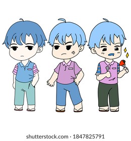 the boy character is expressing in many poses. cartoon illustration sticker mascot emoticon