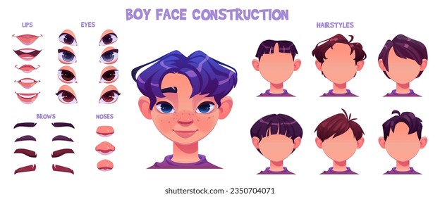 Boy character face avatar construction cartoon vector set. Animation constructor with hair, eye, mouth and brows for young child generator. Isolated ong collection for toddler head facial part