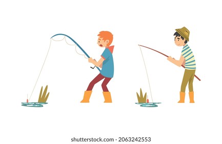 Boy Character in Fisherman Boots with Angling Rod Fishing Vector Set