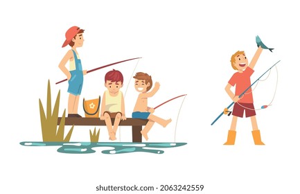 Boy Character in Fisherman Boots with Angling Rod Fishing Vector Set