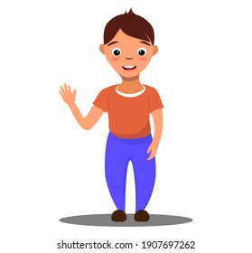 Caricatura de niño dibujo plano ilustración colorida icono aislado alegre feliz niño gracioso de altura completa persona saludar onda de mano