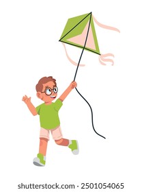 boy character flying kite cartoon isolated