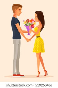 Boy character gives gift bouquet flowers to girl character. First love date. Vector flat cartoon illustration