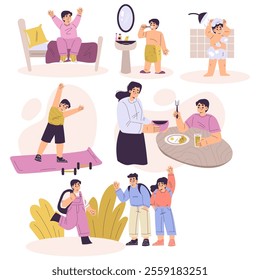 Boy Character Have Schedule and Daily Routine Activity Vector Set