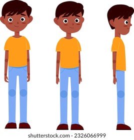A boy character illustration from different perspectivesviews in flat vector design ready for animation 