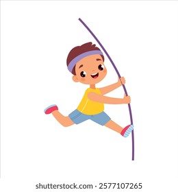 Boy Character Jump with Vaulting Pole Do Sport Vector Illustration