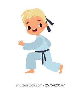 Boy Character in Kimono Do Karate as Sport Vector Illustration