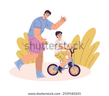 Boy Character Learn Ride Bicycle with His Dad Have Schedule and Daily Routine Activity Vector Illustration