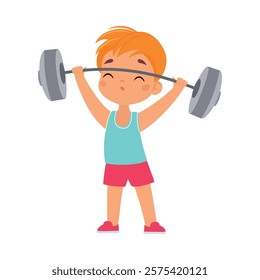 Boy Character Lift Barbell Do Sport Vector Illustration