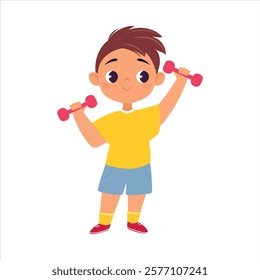 Boy Character Lift Dumbbell Do Sport Vector Illustration