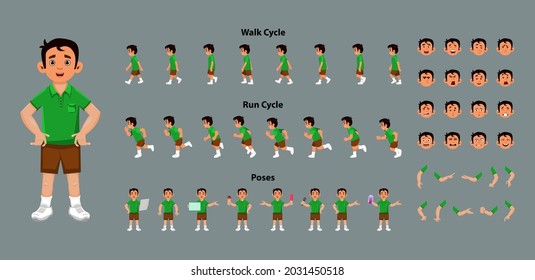 Boy Character Model Sheet With Walk Cycle And Run Cycle Animation Key Frames. Boy Character With Different Poses