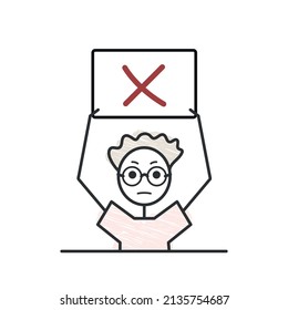 boy character with no banner, incorrect sign, cross poster, simple vector doodle illustartion