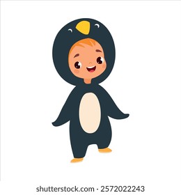 Boy Character in Penguin Costume Celebrate Christmas Holiday at Winter Vector Illustration