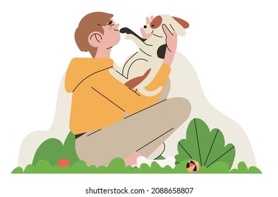 Boy character petting or play with dog. Children hug puppy vector illustration, happy smiling child with animal learn to take care or responsobility. Happy domestic dog owner vector illustration.