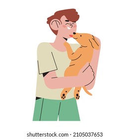 Boy character petting or play with dog. Children hug puppy vector illustration, happy smiling child with animal learn to take care or responsobility. Happy domestic dog owner vector illustration.