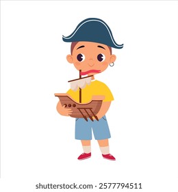 Boy Character in Pirate Hat Play Toy Boat Vector Illustration