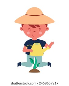 boy character planting tree isolated design