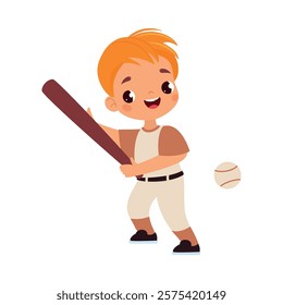 Boy Character Play Baseball Do Sport Vector Illustration