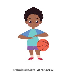 Boy Character Play Basketball Do Sport Vector Illustration